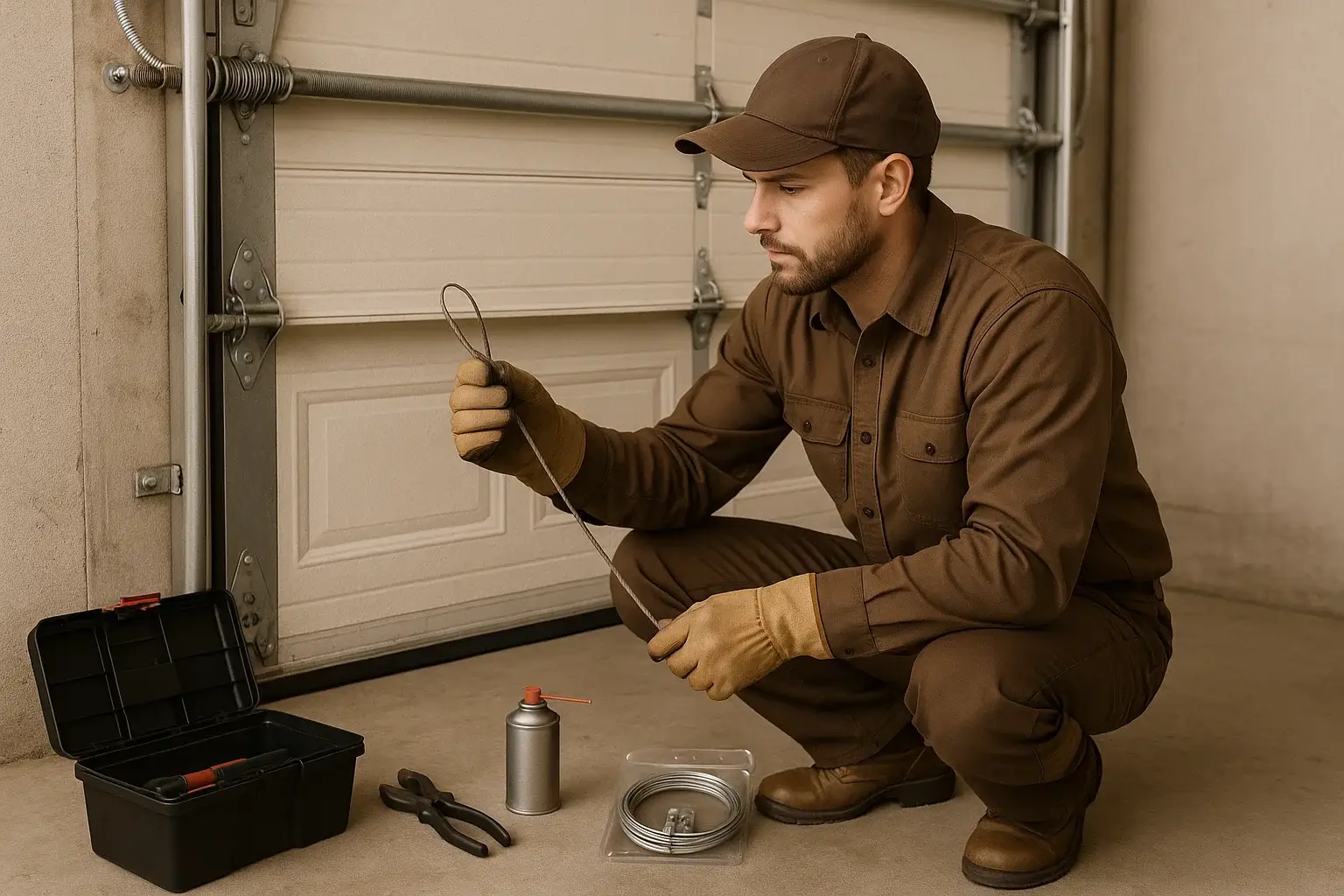 Technician replacing broken garage door springs and cables in Leander TX near Summerlyn