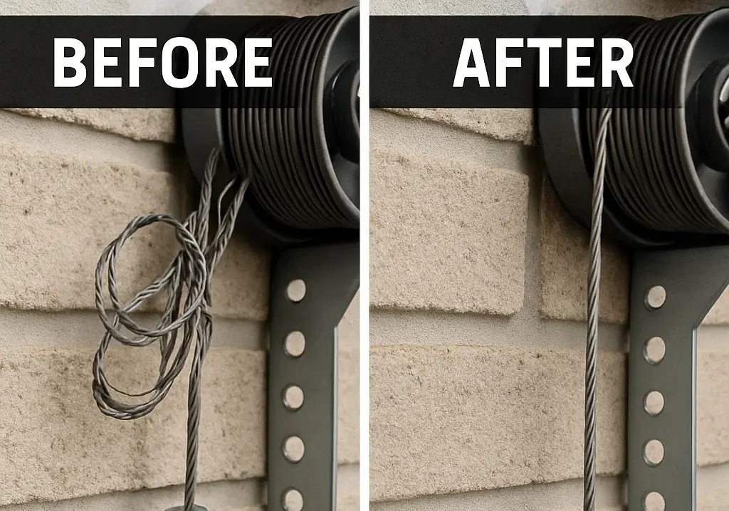 Before and after garage door cable  in Austin TX showing restored functionality and appearance