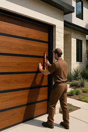 Technician installing a custom wood and steel garage door at a modern Austin TX home