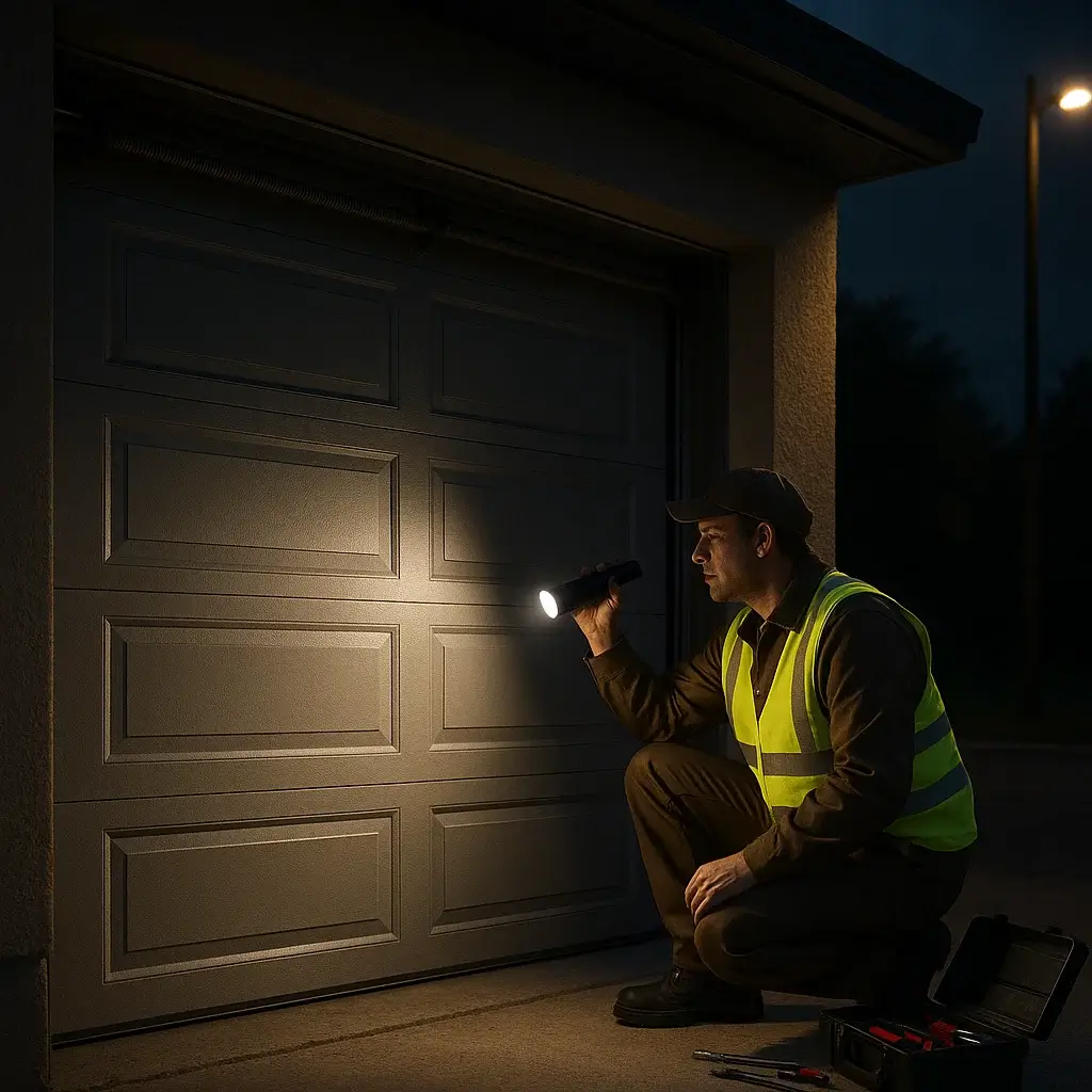 Emergency garage door repair technician working at night in Austin