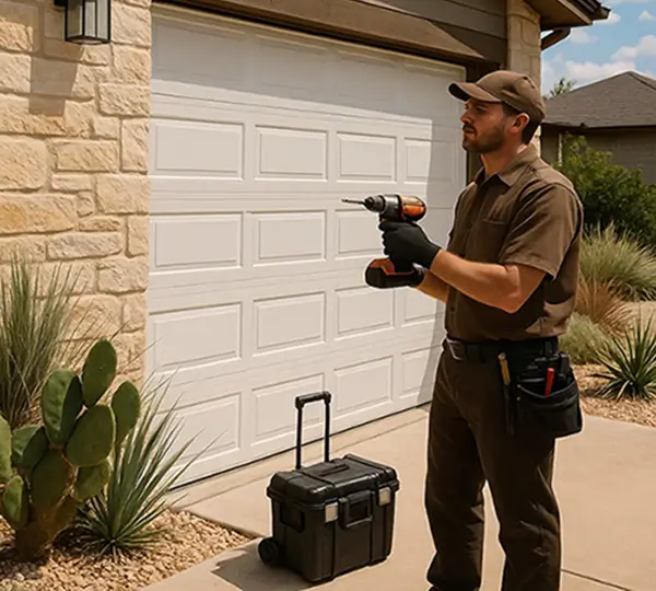 Garage door technician providing repair service at an Austin TX home with native landscaping and a branded service van in the driveway