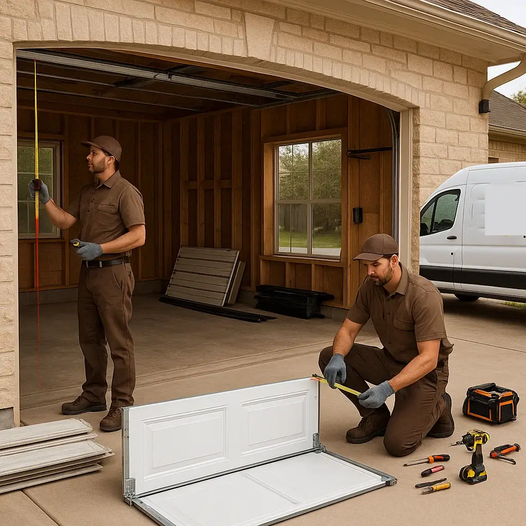 Technician installing custom garage door with modern glass panels in San Marcos Texas