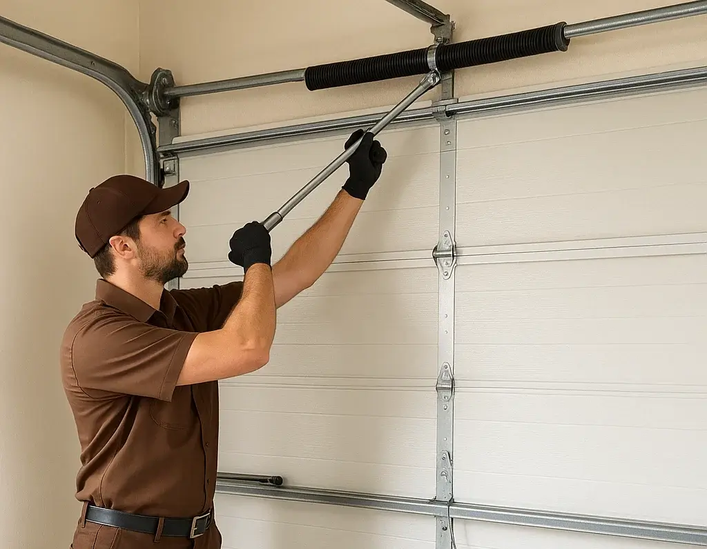 Technician adjusting garage door spring tension during annual maintenance in Austin