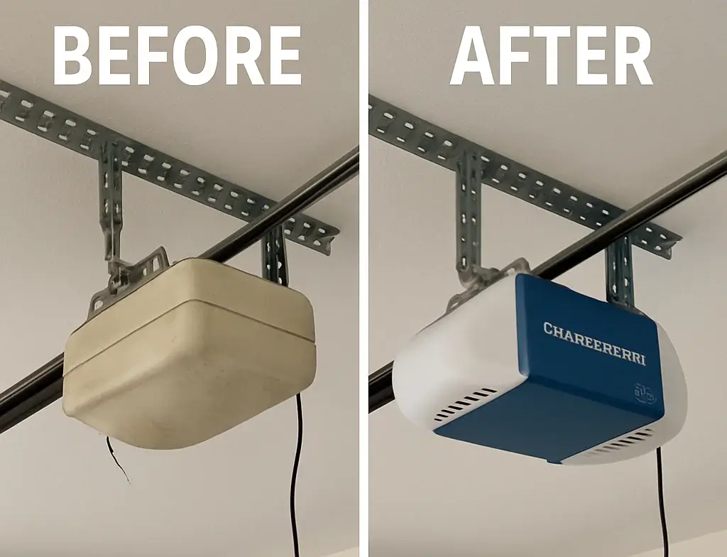 Before and after garage door Opener  in Austin TX showing restored functionality and appearance