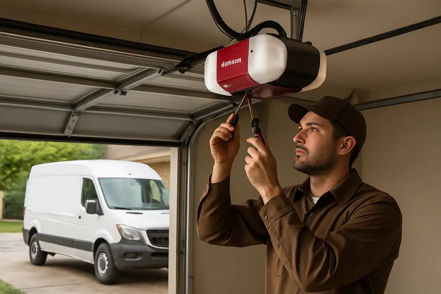 Technician fixing garage door opener in Austin garage