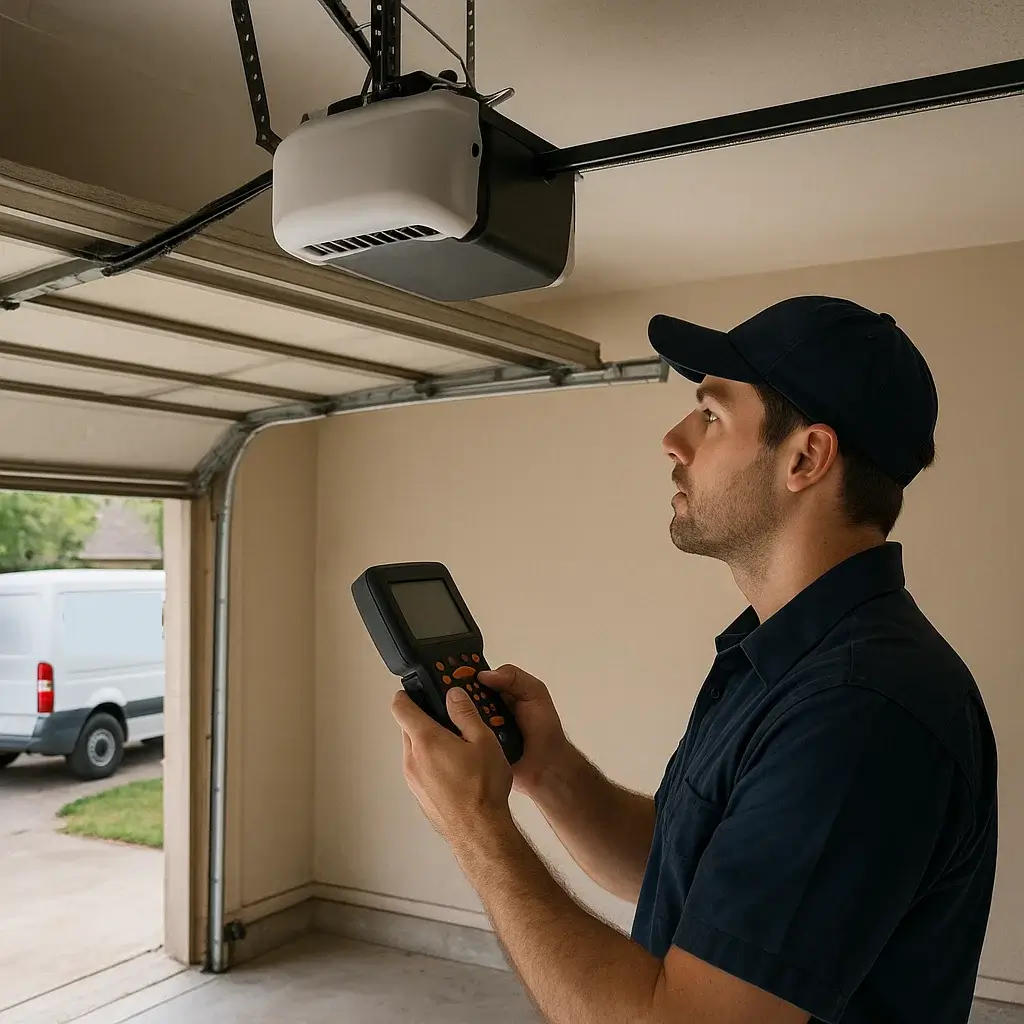 Technician troubleshooting a broken garage door opener motor and sensors in Dripping Springs Texas