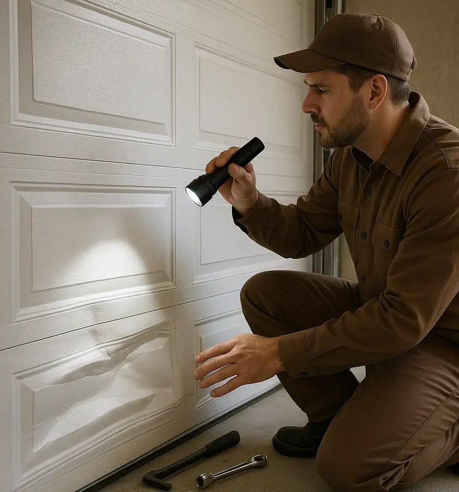 Technician replacing a single damaged roll up garage door panel in Dripping Springs Texas