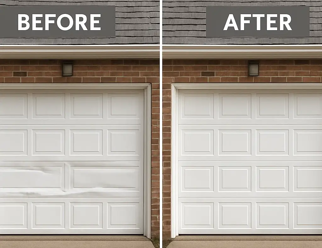 Garage door panel before and after repair in Austin TX