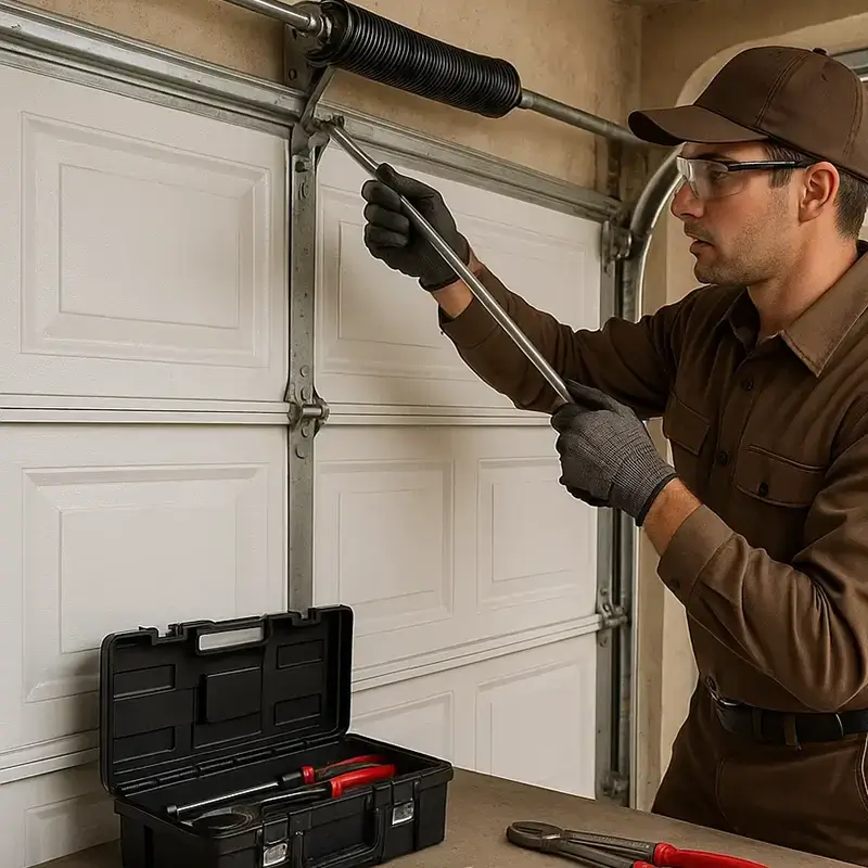 Specialist repairing LiftMaster garage door opener in Leander TX with smart control upgrade