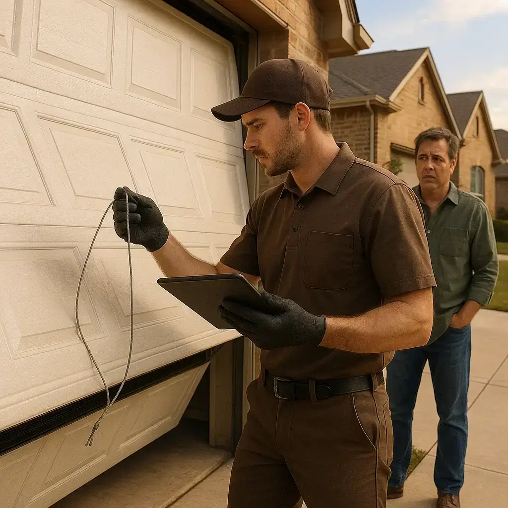 Technician repairing sagging garage door during emergency call in Austin