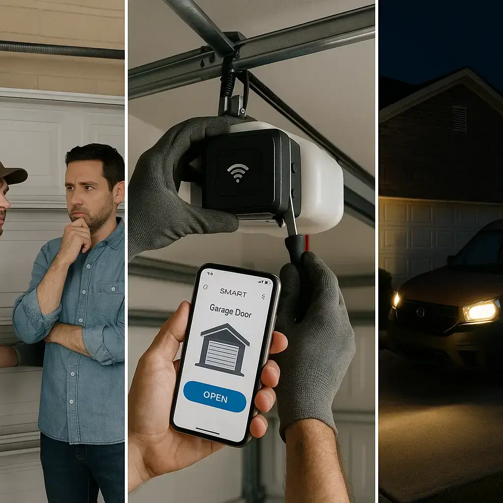Garage door technician addressing sagging, smart upgrade, and emergency repair