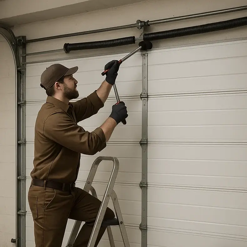 Technician inspecting worn garage door springs and cables in Jollyville TX