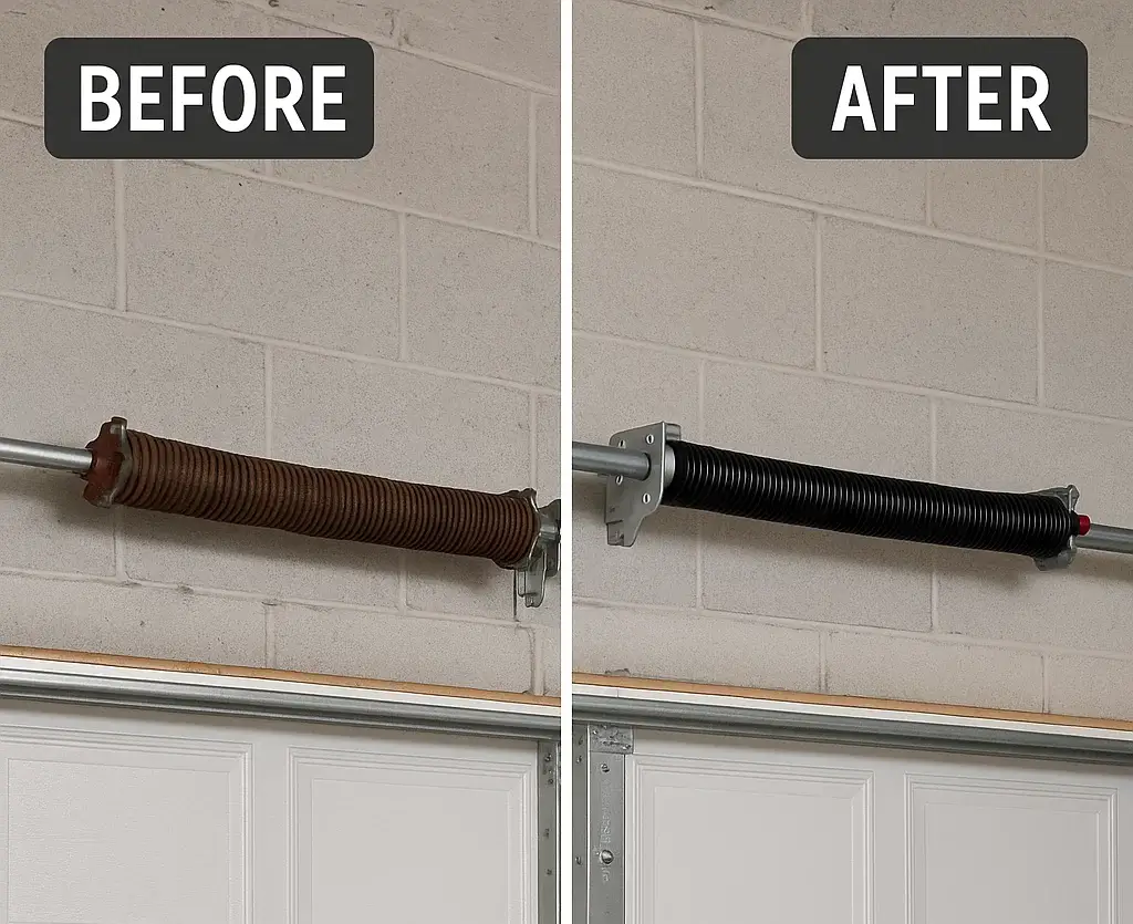 Before and after garage door Spring  in Austin TX showing restored functionality and appearance