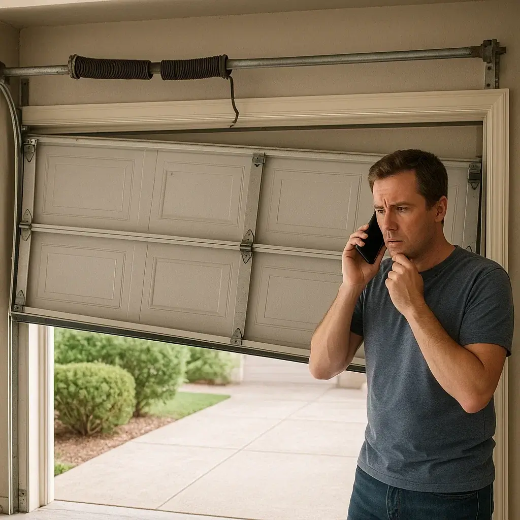 Broken garage door spring symptoms, torsion vs extension spring types, and maintenance tips