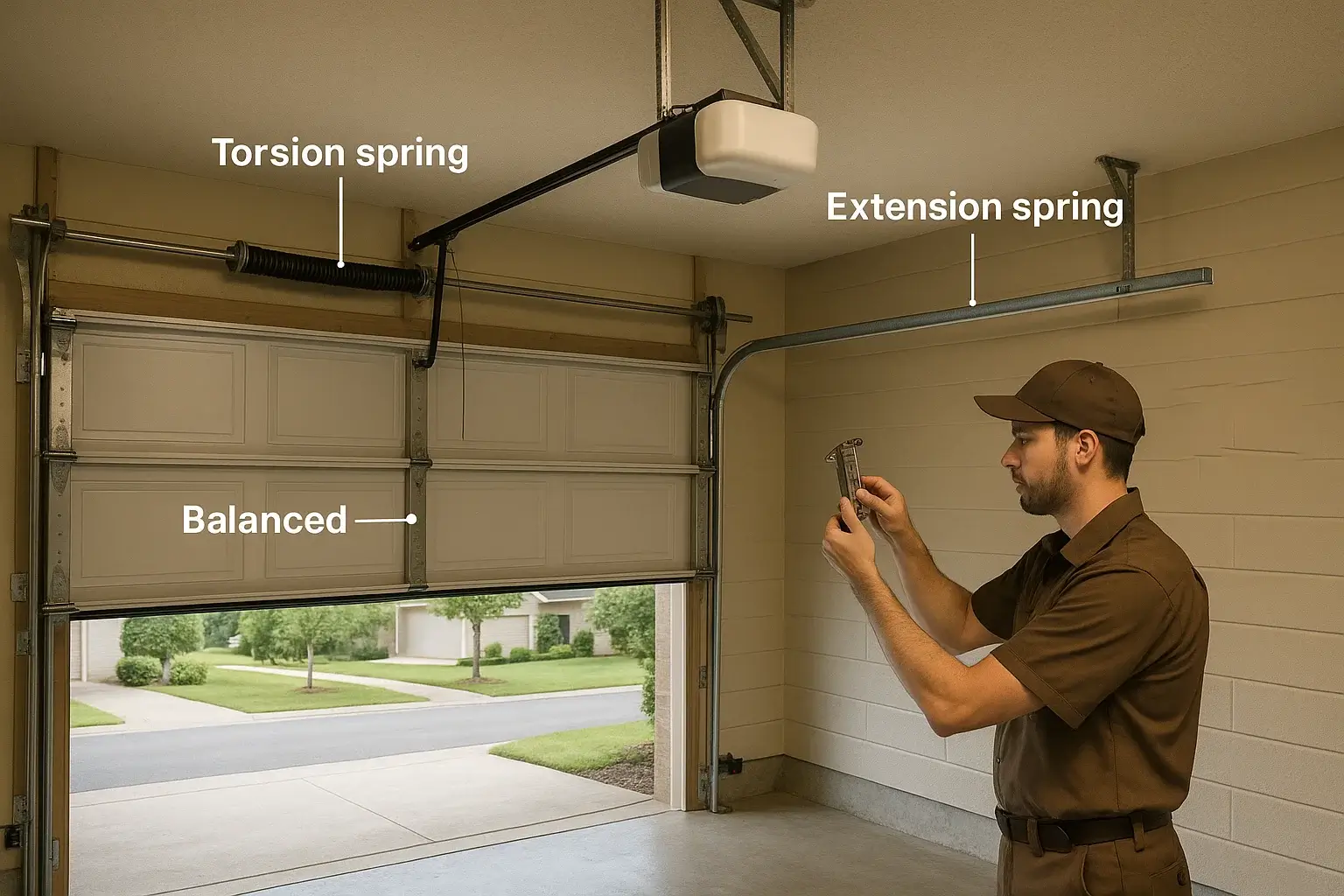 Technician inspecting torsion spring with labeled garage door system in Austin