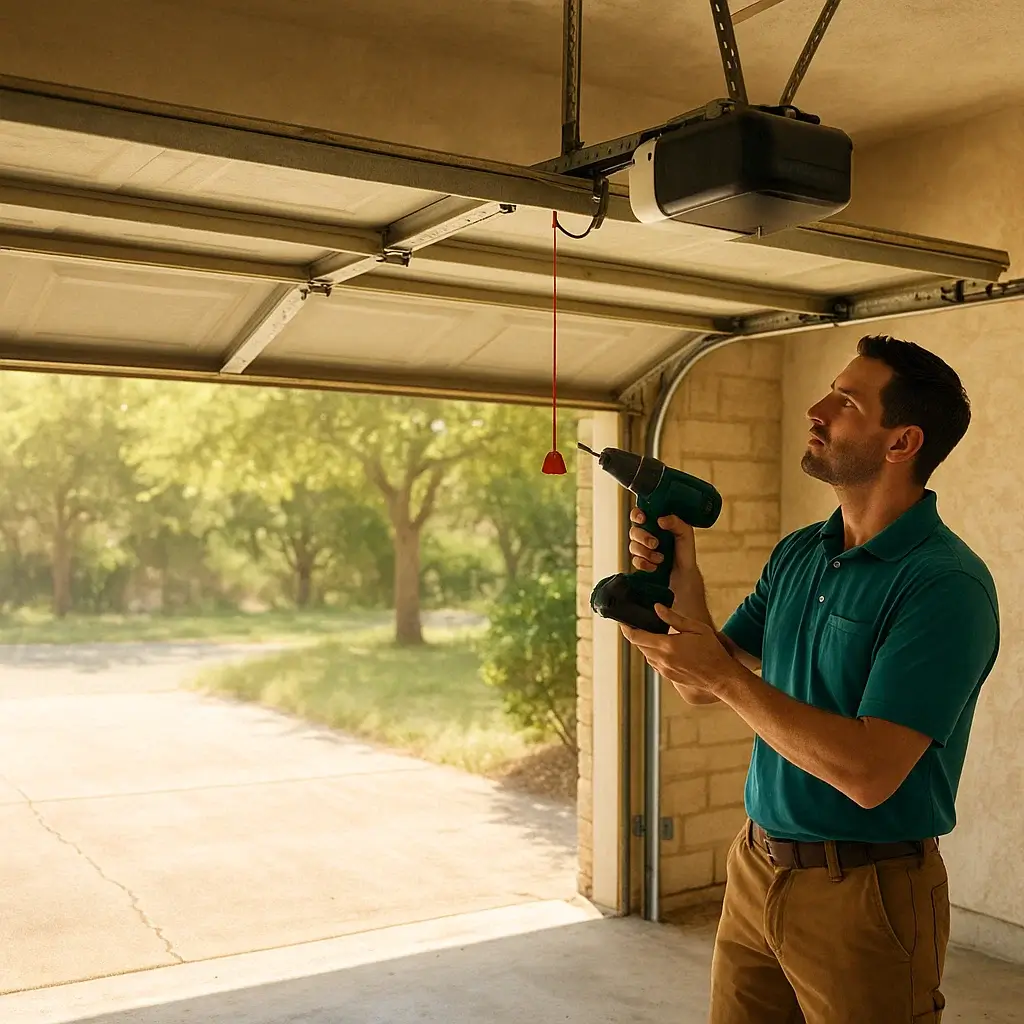 Technician inspecting a stuck garage door in Austin heat