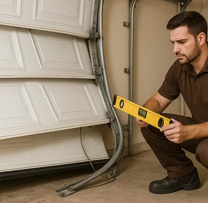 Garage door off track with technician inspecting damage in Austin home