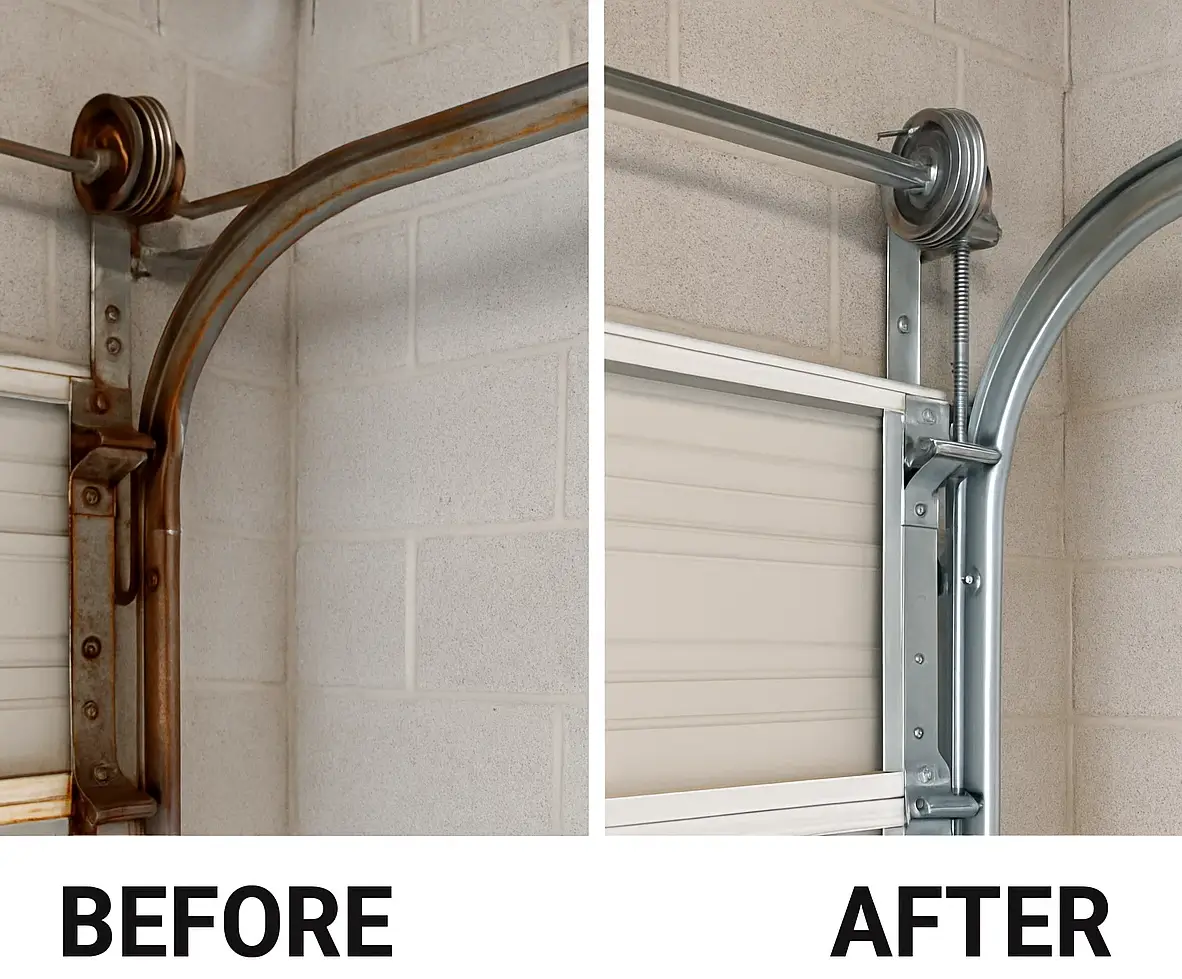 Before and after garage door track  in Austin TX showing restored functionality and appearance